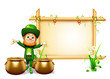 Leprechaun for st patrick day standing near sign and golden pot