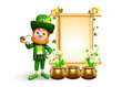 Leprechaun for st patrick day standing near sign