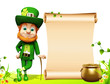 Leprechaun for st patrick day standing near sign and pot