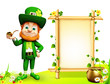 Leprechaun for st patrick day standing near sign and golden pot