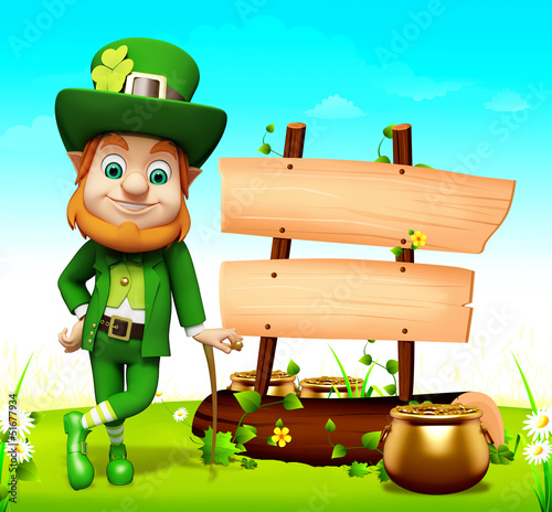 Illustration: Leprechaun for st patrick day standing near sign Leprechaun for st patrick day standing near sign