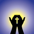 Person praying or worshiping with cross in hand - concept illust
