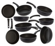 a collage of nine black pans on white background