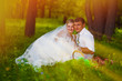 sunlight beautiful couple at wedding newlyweds a picnic in a for