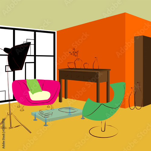 Vector: pink sofa and green chair in living room pink sofa and green chair in living room