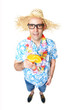 Grinsender Nerd mit fruchtigem Cocktail