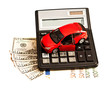 Toy car, money and calculator over white. Concept for buying, re