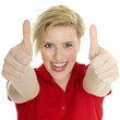 Happy successful woman shows thumb up on white background