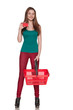 Happy shopping female holding blank credit card, isolated on whi