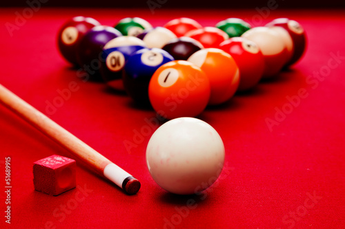 Photo: Billards pool game. Cue ball, cue color balls in triangle, chalk Billards pool game. Cue ball, cue color balls in triangle, chalk