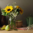 Still life with sunflower bouquet on wooden table