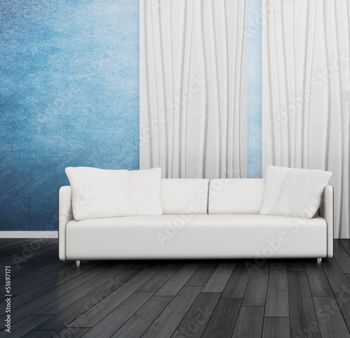 Illustration: Modern couch in front of blue wall | 3d interior Modern couch in front of blue wall | 3d interior