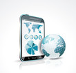Illustration of a smart phone and globe. Vector.