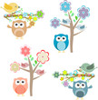Foto: Blooming tree and branches with sitting owls and birds Blooming tree and branches with sitting owls and birds