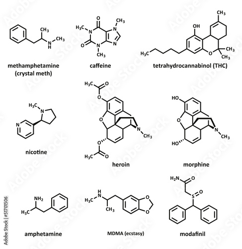 Vector: Recreational drugs: methamphetamine (crystal meth), caffeine,.. Recreational drugs: methamphetamine (crystal meth), caffeine,..
