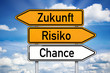 Wegweiser mit Zukunft, Risiko und Chance
