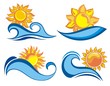 Set of sun icons and water design elements