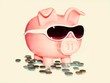 Rich businessman successful pig person coins on white