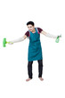 Asian man cleaning on white