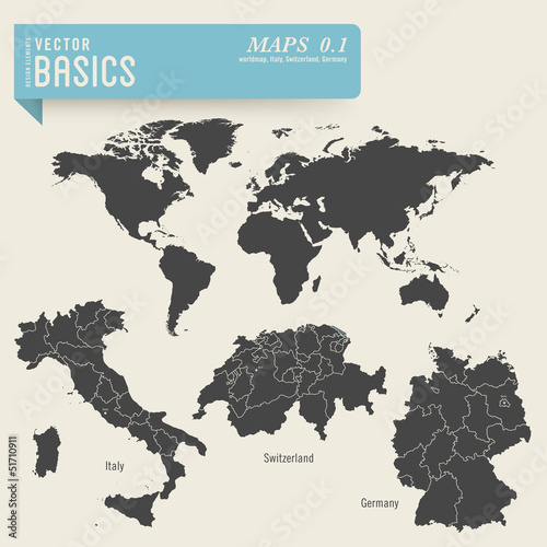 Vector: worldmap and detailed maps of Germany, Switzerland and Italy worldmap and detailed maps of Germany, Switzerland and Italy