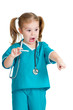 kid girl playing doctor with syringe isolated on white