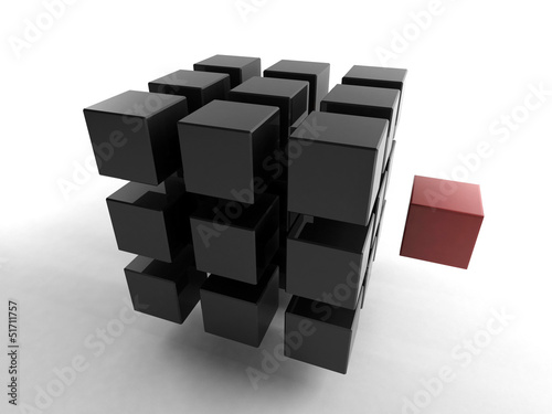 Illustration: Black 3d cube with mini red cube | Concept Black 3d cube with mini red cube | Concept