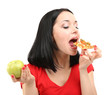 Beautiful girl eats pizza isolated on white