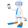 3d man in flippers holding smartphone