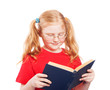 little girl with book wearing glasses isolated on white