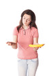 girl with chocolate and banana isolated on white