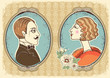Vintage gentleman and woman face portraits.Vector illustration