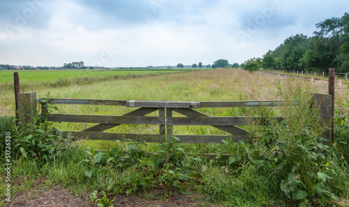 Photo: Locked and overgrown wooden gate beside railroad tracks Locked and overgrown wooden gate beside railroad tracks