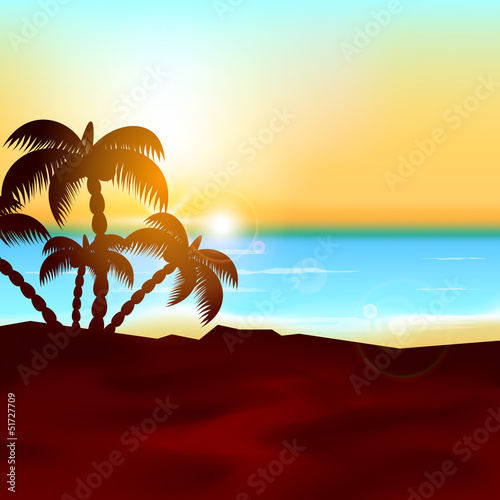 Vector: Evening summer background with palm trees. Evening summer background with palm trees.