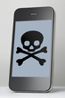 Mobile phone with skull and crossbones on the screen