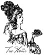 Victorial lady with cup tea in style of ink drawing or engraving