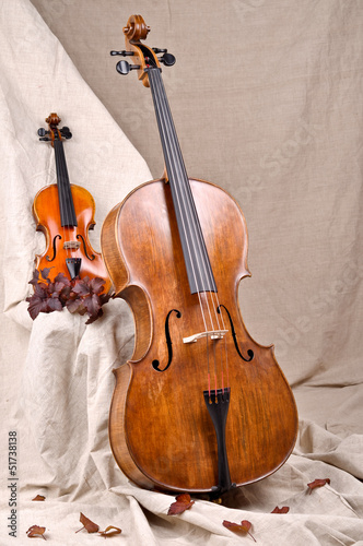 Photo: violin and cello on the beige background violin and cello on the beige background