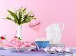 Tableware for tea drinking on bright background