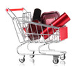 Cosmetics in cart isolated on white