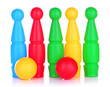 Colorful plastic skittles of toy bowling isolated on white