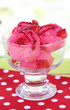 Delicious ice cream on table on bright background