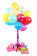 Many bright balloons and many gifts isolated on white