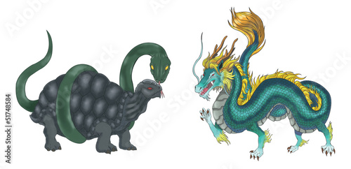 Vector: 4 Chinese mythical creature gods set 2 - Turtle and Dragon 4 Chinese mythical creature gods set 2 - Turtle and Dragon