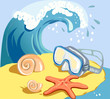Seashells, starfish, underwater mask on the beach