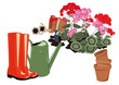 flowers in the garden rubber boots and watering
