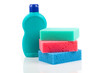 Sponge and cleaning items isolated on white