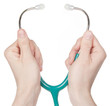 Hands holding a stethoscope isolated on white background