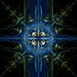 Fractal flame background.  Green and blue on black.