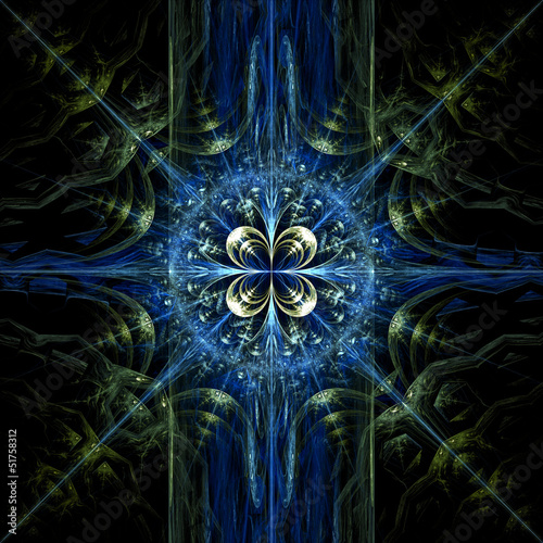 Illustration: Fractal flame background. Green and blue on black. Fractal flame background. Green and blue on black.