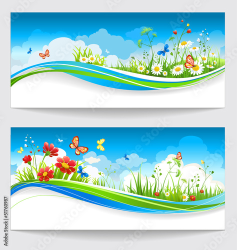 Vector: Two summer banners with flowers and butterflies Two summer banners with flowers and butterflies