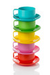 Stack of plastic colorful cups and plates - perfect for picnic